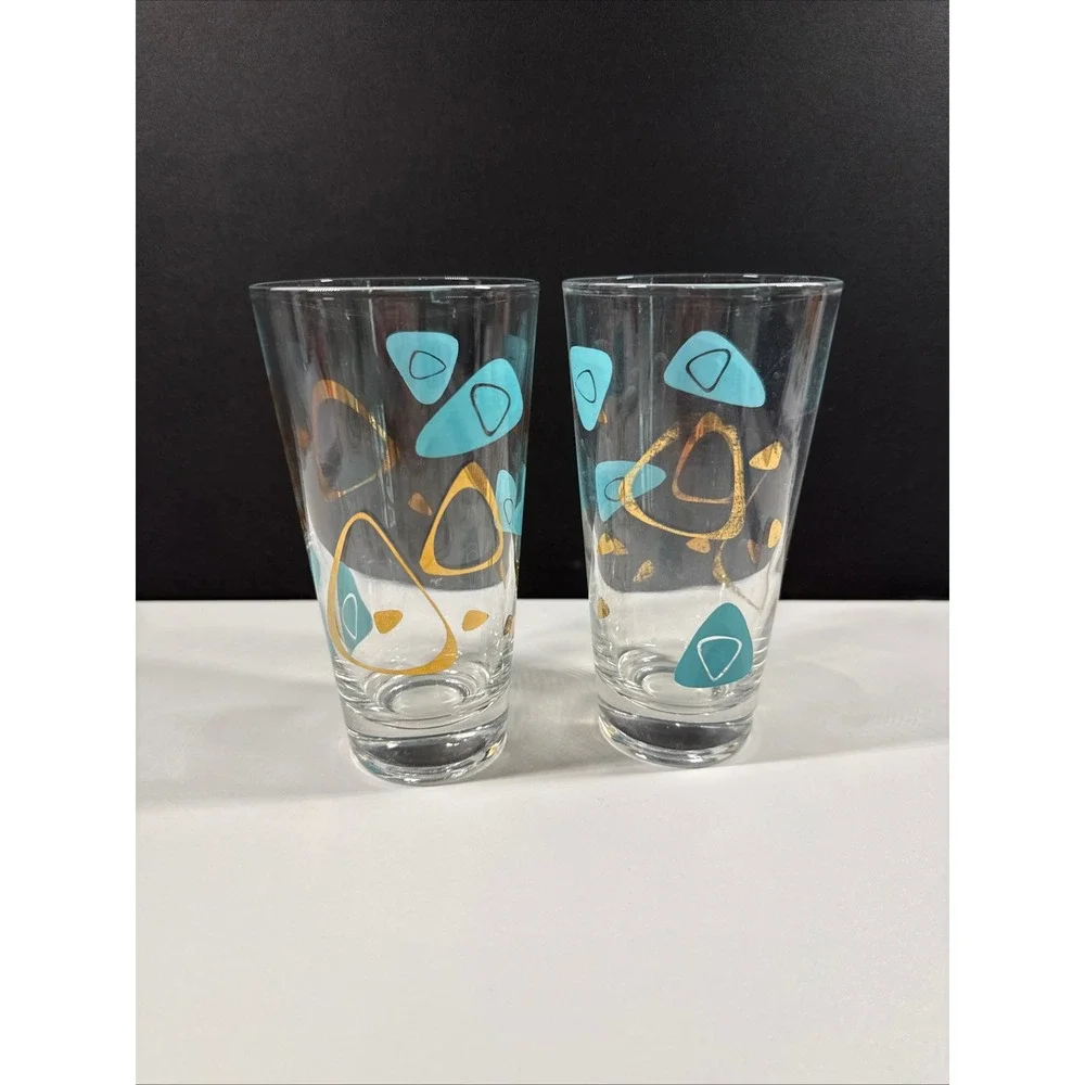 Vintage Mid Century Modern Atomic Boomerang Highball Glasses Teal Gold Set of 2